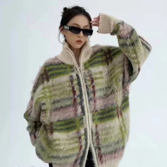 Fuzzy Knitted Mock Neck Cardigan ▪︎ Multi Color ▪︎ MD - Picture 5 of 13